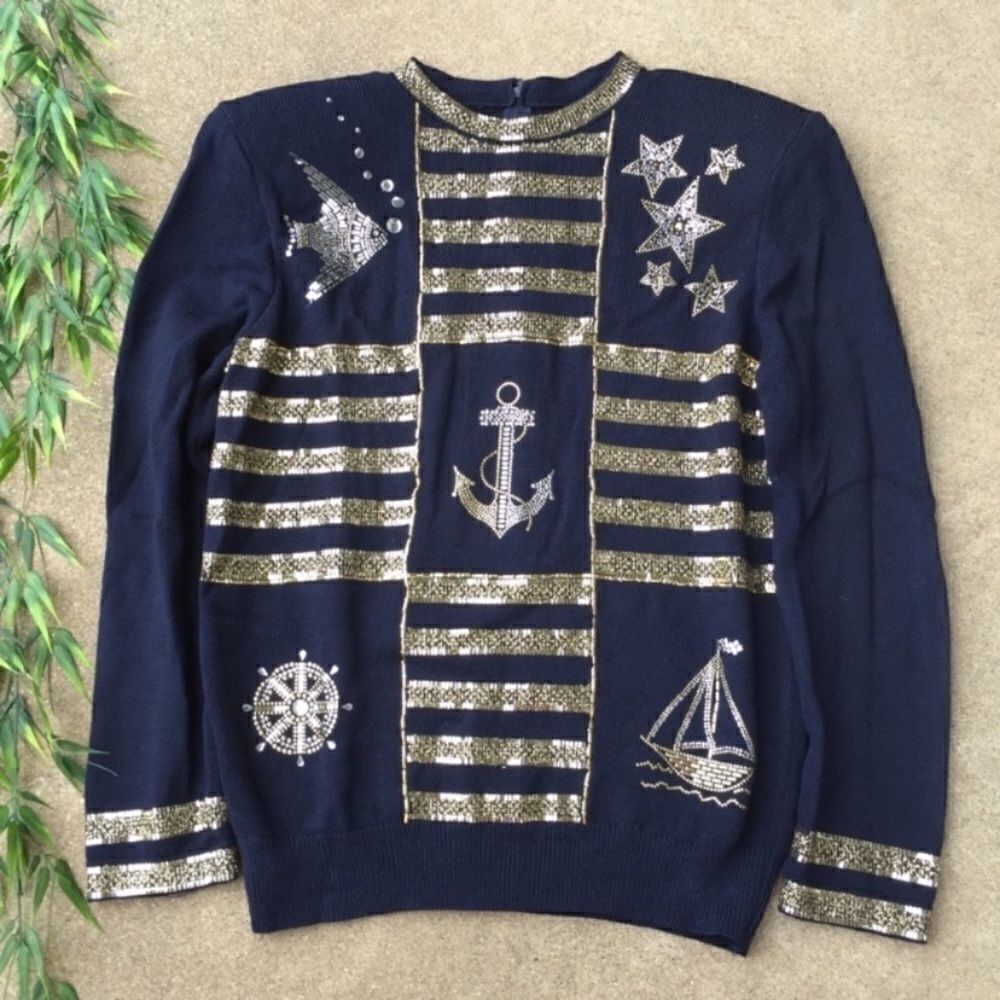 St. John Evening Nautical Embellished Knit Sweater
